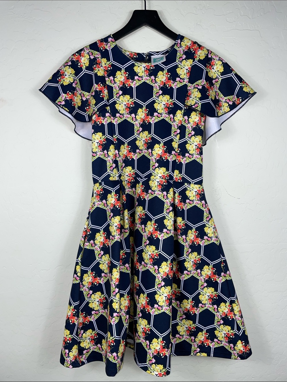vfish Navy Floral Hexagon Fit-and-Flare Mini Dress